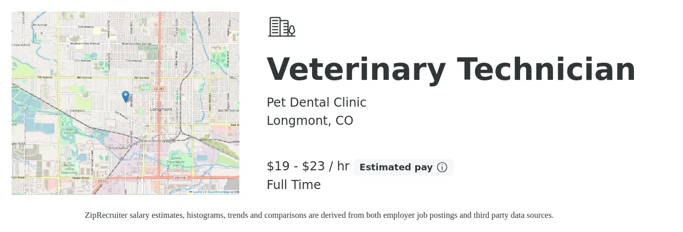 Pet Dental Clinic job posting for a Veterinary Technician in Longmont, CO with a salary of $20 to $24 Hourly and benefits including pto with a map of Longmont location.
