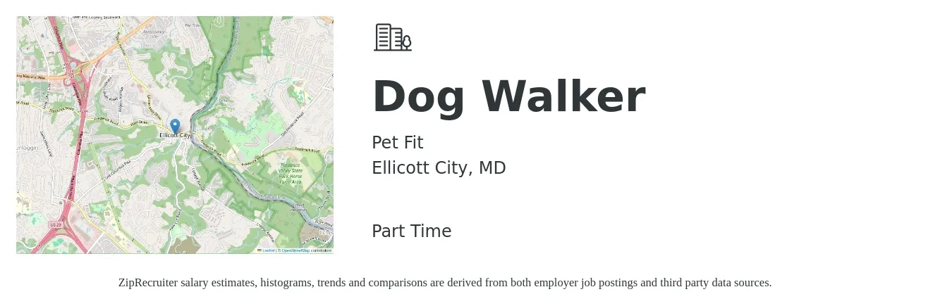 Pet Fit job posting for a Dog Walker in Ellicott City, MD with a salary of $1,000 to $1,400 Monthly with a map of Ellicott City location.