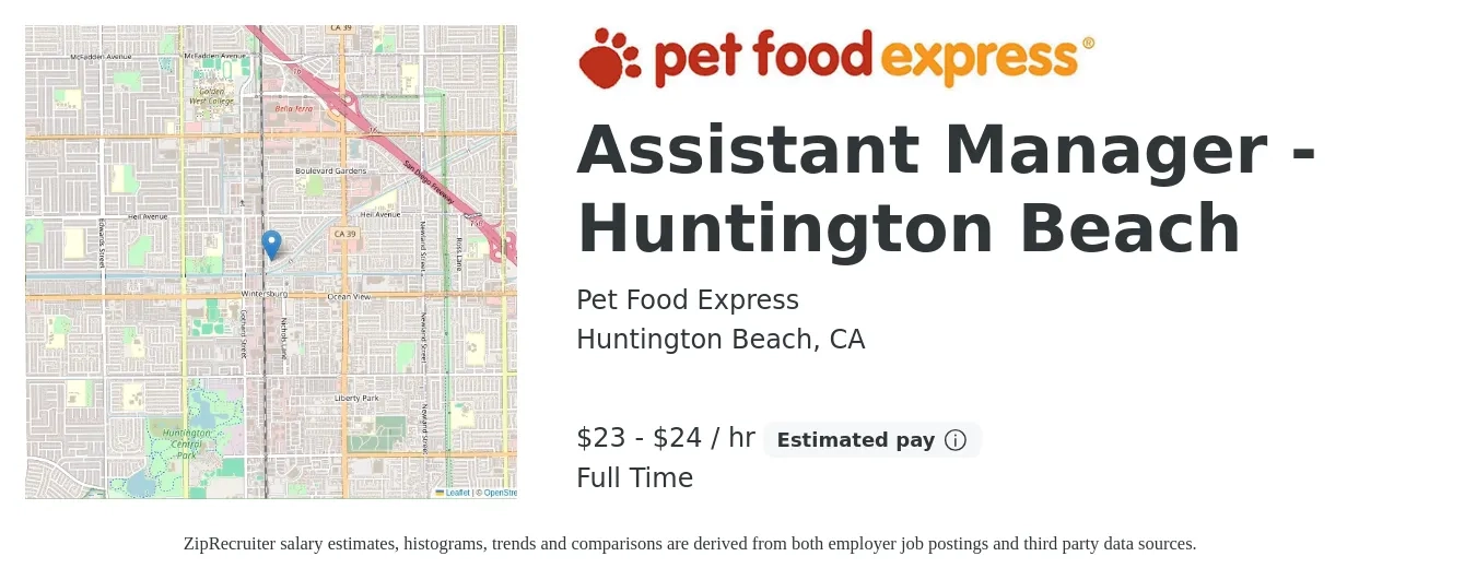 Pet Food Express job posting for a Assistant Manager - Huntington Beach in Huntington Beach, CA with a salary of $24 to $26 Hourly with a map of Huntington Beach location.