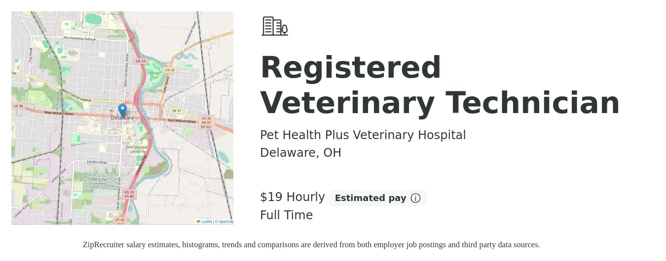 Pet Health Plus Veterinary Hospital job posting for a Registered Veterinary Technician in Delaware, OH with a salary of $20 Hourly with a map of Delaware location.