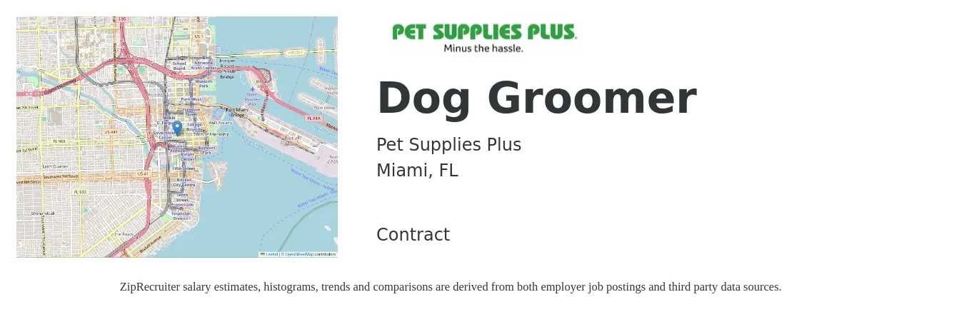 Pet Supplies Plus job posting for a Dog Groomer in Miami, FL with a salary of $18 to $26 Hourly with a map of Miami location.