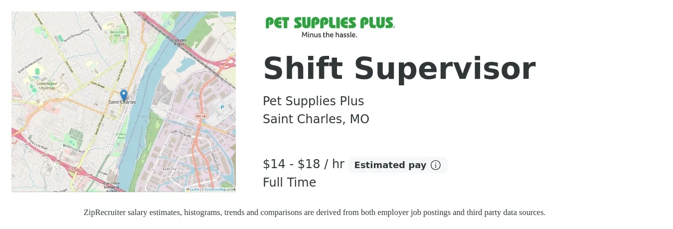 Pet Supplies Plus job posting for a Shift Supervisor in Saint Charles, MO with a salary of $15 to $19 Hourly with a map of Saint Charles location.