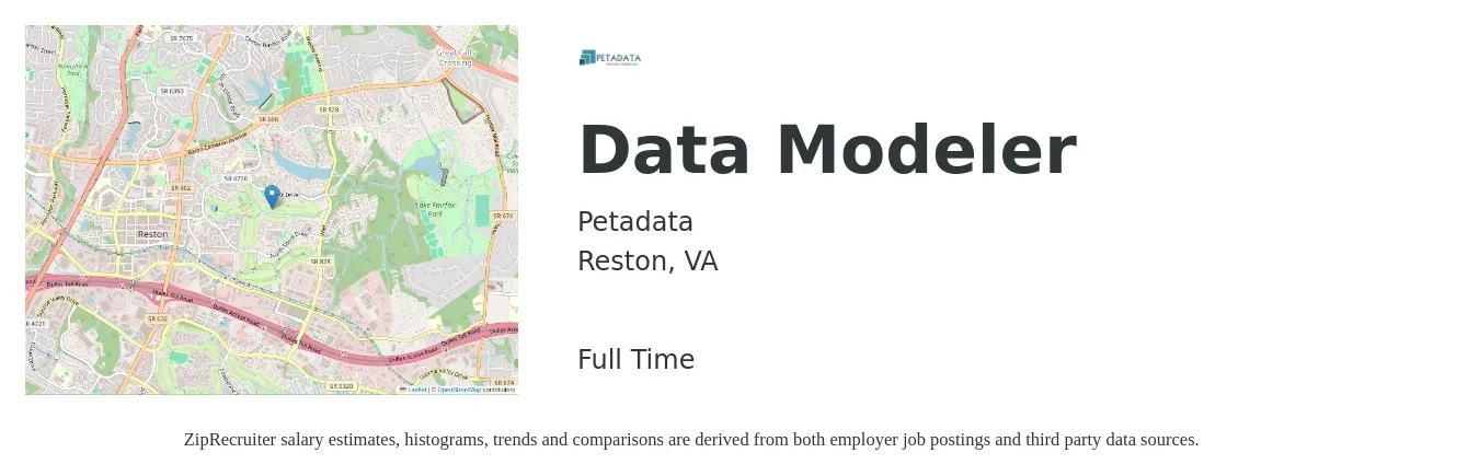 Petadata job posting for a Data Modeler in Reston, VA with a salary of $57 to $74 Hourly with a map of Reston location.