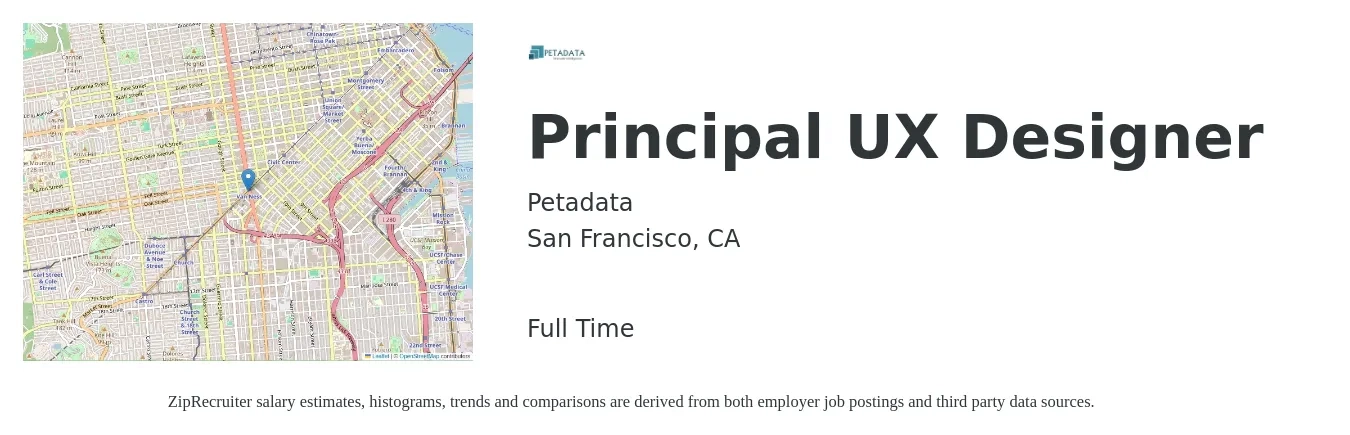 Petadata job posting for a Principal UX Designer in San Francisco, CA with a salary of $107,200 to $147,300 Yearly with a map of San Francisco location.