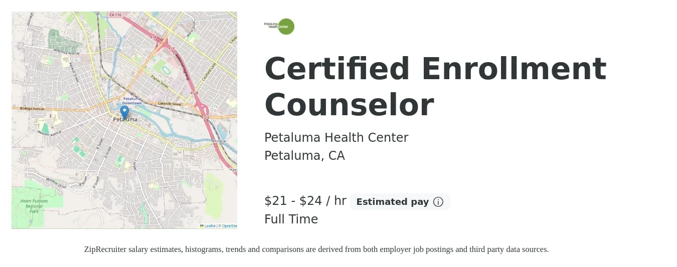 Petaluma Health Center job posting for a Certified Enrollment Counselor in Petaluma, CA with a salary of $22 to $25 Hourly with a map of Petaluma location.