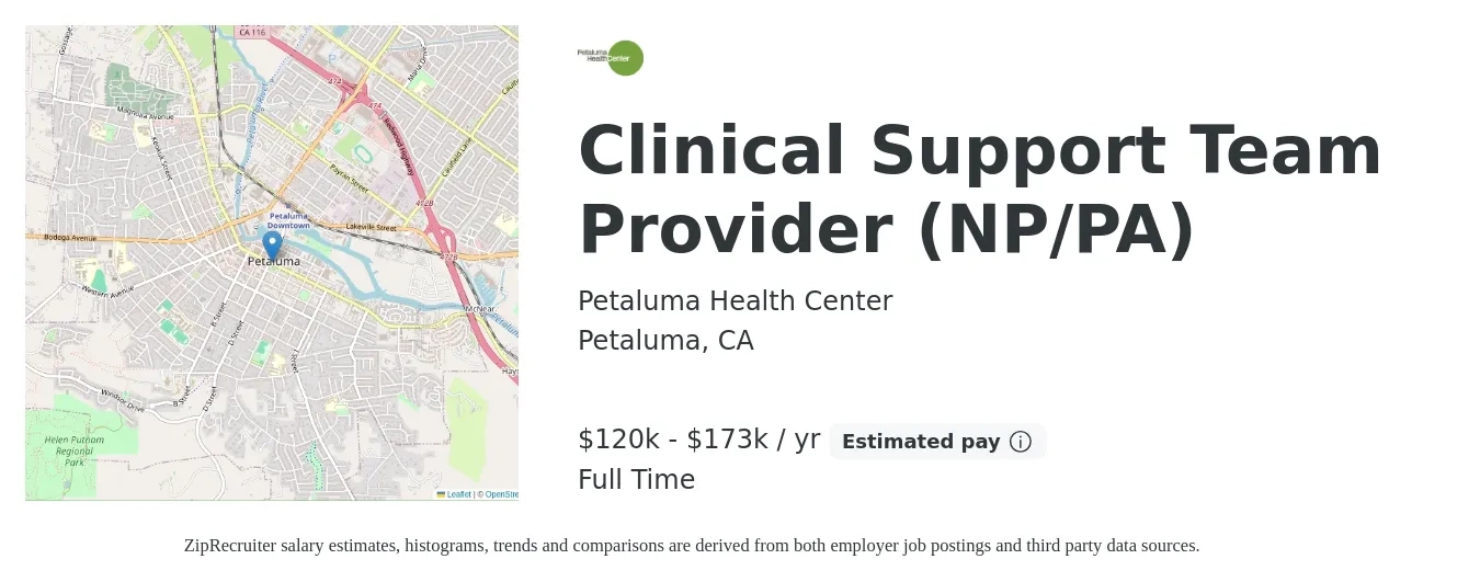 Petaluma Health Center job posting for a Clinical Support Team Provider (NP/PA) in Petaluma, CA with a salary of $120,000 to $173,806 Yearly with a map of Petaluma location.