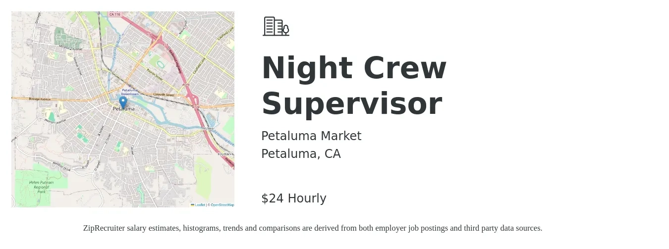 Petaluma Market job posting for a Night Crew Supervisor in Petaluma, CA with a salary of $25 Hourly with a map of Petaluma location.