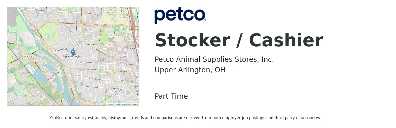 Petco Animal Supplies Stores, Inc. job posting for a Stocker / Cashier in Upper Arlington, OH with a salary of $13 to $16 Hourly with a map of Upper Arlington location.