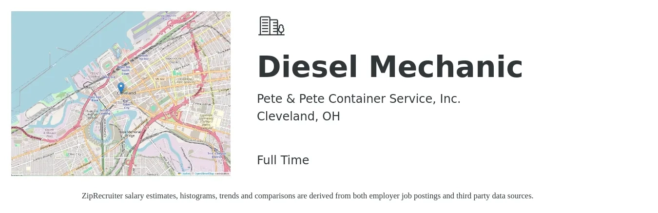 Pete & Pete Container Service, Inc. job posting for a Diesel Mechanic in Cleveland, OH with a salary of $24 to $32 Hourly with a map of Cleveland location.