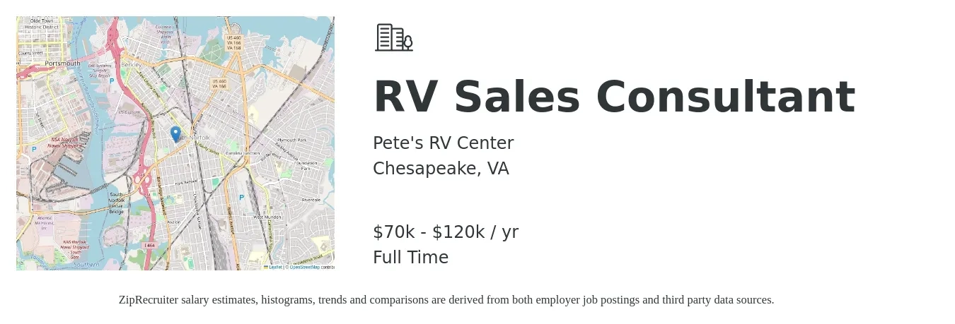 Pete's RV Center job posting for a RV Sales Consultant in Chesapeake, VA with a salary of $70,000 to $120,000 Yearly with a map of Chesapeake location.