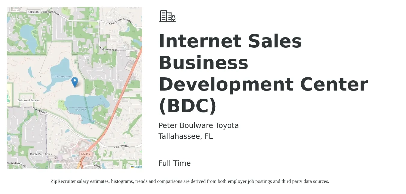 Peter Boulware Toyota job posting for a Internet Sales Business Development Center (BDC) in Tallahassee, FL with a salary of $42,700 to $66,500 Yearly with a map of Tallahassee location.