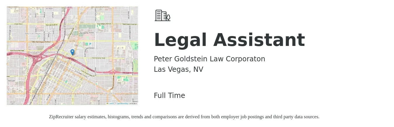 Peter Goldstein Law Corporaton job posting for a Legal Assistant in Las Vegas, NV with a salary of $36,300 to $52,500 Yearly with a map of Las Vegas location.