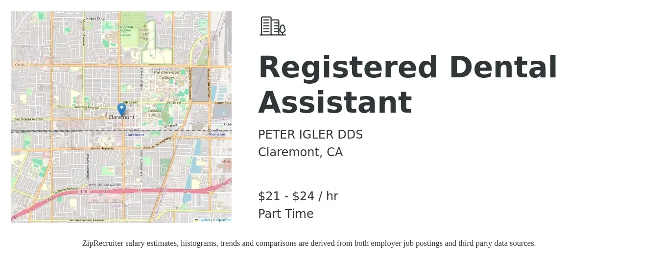 PETER IGLER DDS job posting for a Registered Dental Assistant in Claremont, CA with a salary of $22 to $25 Hourly with a map of Claremont location.