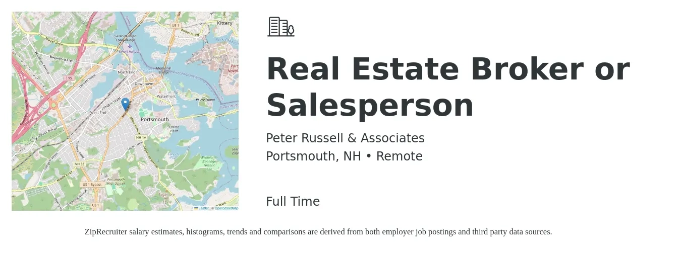 Peter Russell & Associates job posting for a Real Estate Broker or Salesperson in Portsmouth, NH with a salary of $86,600 to $112,100 Yearly with a map of Portsmouth location.