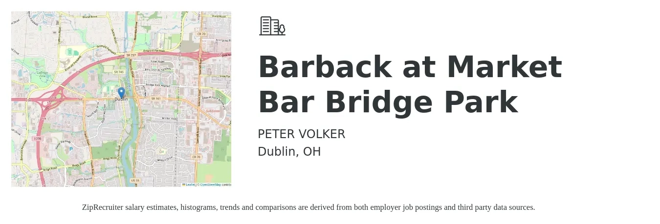 PETER VOLKER job posting for a Barback at Market Bar Bridge Park in Dublin, OH with a salary of $10 to $12 Hourly with a map of Dublin location.