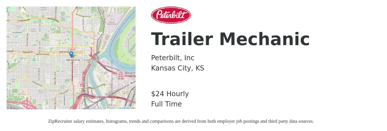 Peterbilt, Inc job posting for a Trailer Mechanic in Kansas City, KS with a salary of $25 Hourly with a map of Kansas City location.