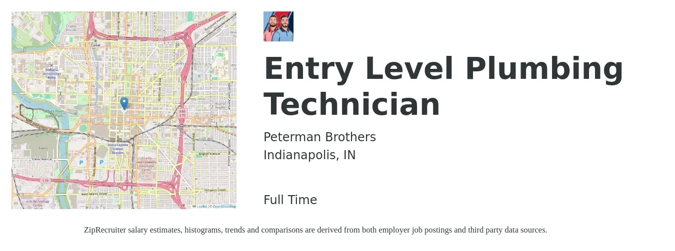 Peterman Brothers job posting for a Entry Level Plumbing Technician in Indianapolis, IN with a salary of $16 to $22 Hourly with a map of Indianapolis location.