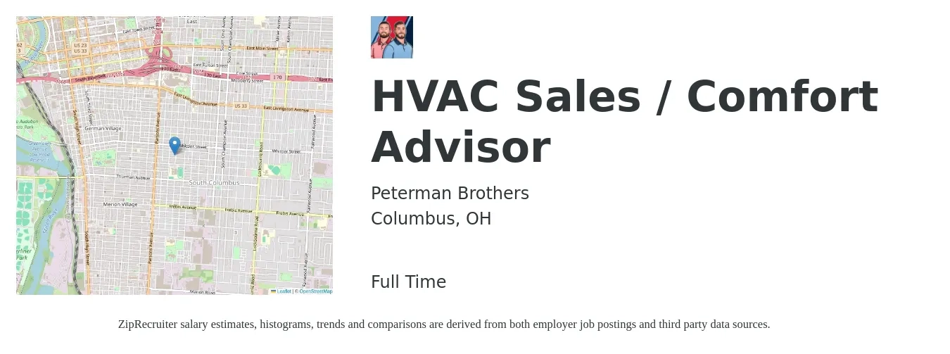 Peterman Brothers job posting for a HVAC Sales / Comfort Advisor in Columbus, OH with a salary of $19 to $32 Hourly with a map of Columbus location.