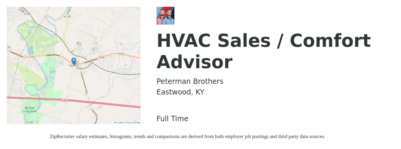 Peterman Brothers job posting for a HVAC Sales / Comfort Advisor in Eastwood, KY with a salary of $20 to $32 Hourly with a map of Eastwood location.