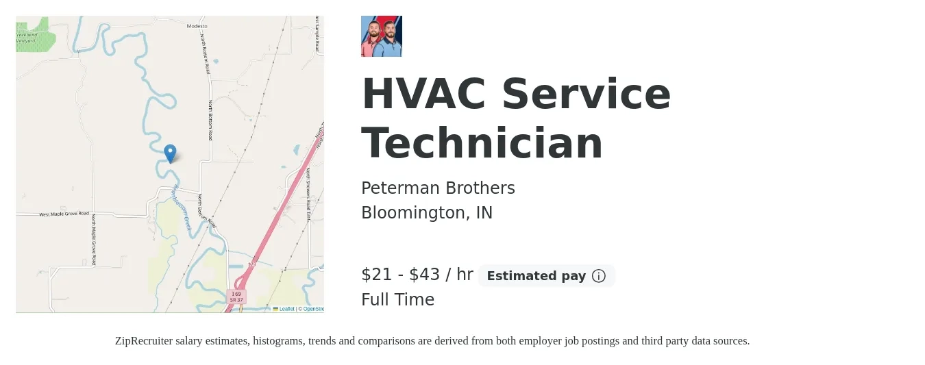 Peterman Brothers job posting for a HVAC Service Technician in Bloomington, IN with a salary of $22 to $45 Hourly with a map of Bloomington location.