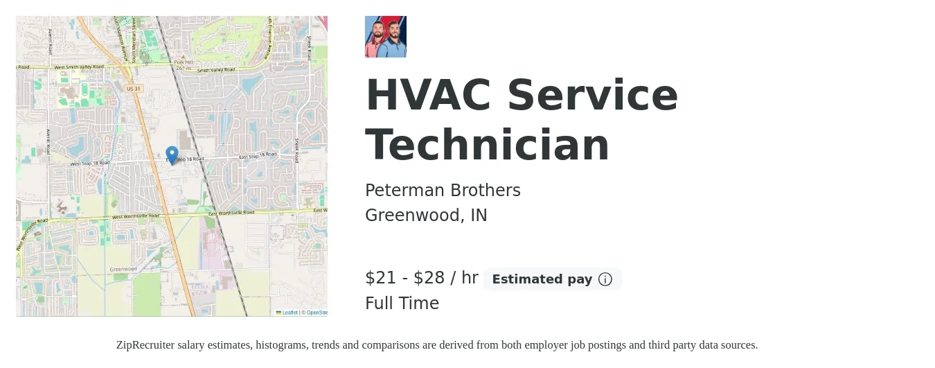 Peterman Brothers job posting for a HVAC Service Technician in Greenwood, IN with a salary of $22 to $30 Hourly with a map of Greenwood location.
