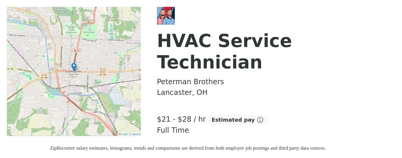 Peterman Brothers job posting for a HVAC Service Technician in Lancaster, OH with a salary of $22 to $30 Hourly with a map of Lancaster location.