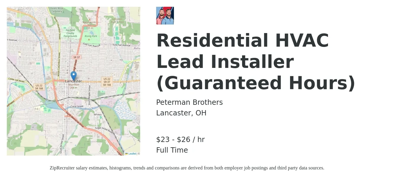 Peterman Brothers job posting for a Residential HVAC Lead Installer (Guaranteed Hours) in Lancaster, OH with a salary of $24 to $28 Hourly with a map of Lancaster location.