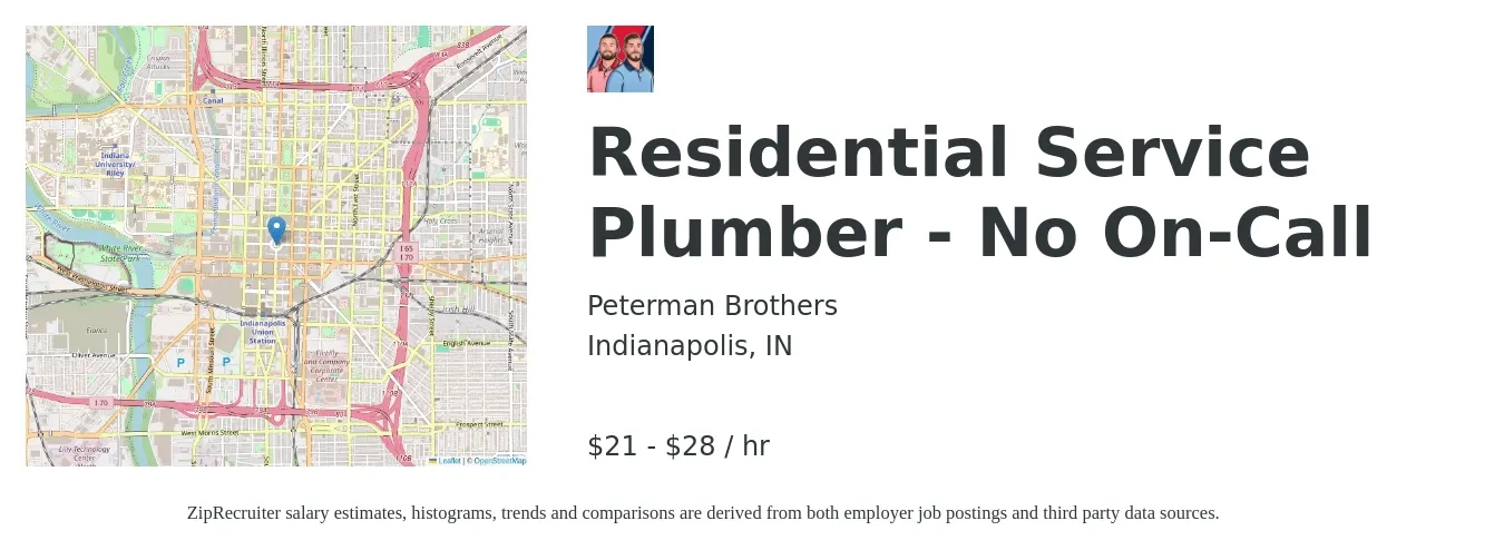 Peterman Brothers job posting for a Residential Service Plumber - No On-Call in Indianapolis, IN with a salary of $22 to $30 Hourly with a map of Indianapolis location.