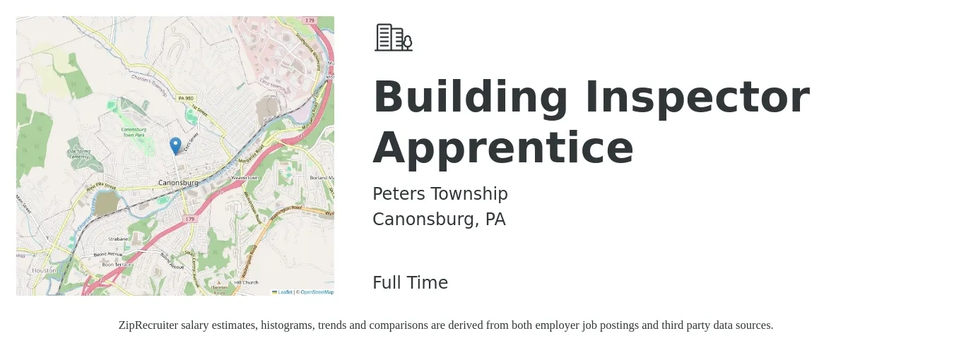 Peters Township job posting for a Building Inspector Apprentice in Canonsburg, PA with a salary of $33 to $38 Hourly with a map of Canonsburg location.