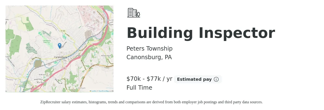 Peters Township job posting for a Building Inspector in Canonsburg, PA with a salary of $39 to $43 Hourly with a map of Canonsburg location.