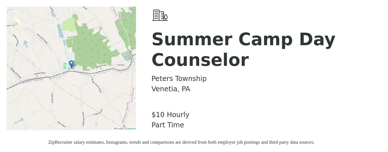 Peters Township job posting for a Summer Camp Day Counselor in Venetia, PA with a salary of $13 Hourly with a map of Venetia location.