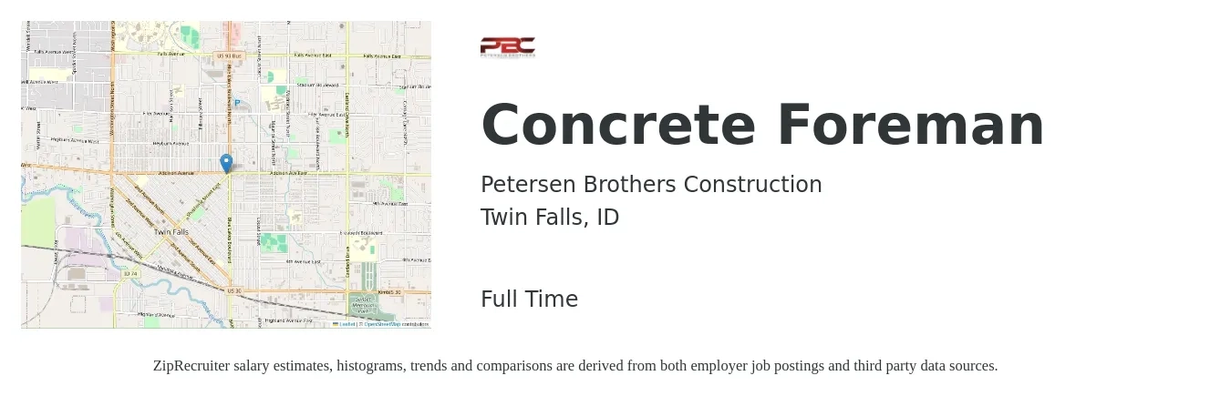 Petersen Brothers Construction job posting for a Concrete Foreman in Twin Falls, ID with a salary of $27 to $41 Hourly with a map of Twin Falls location.
