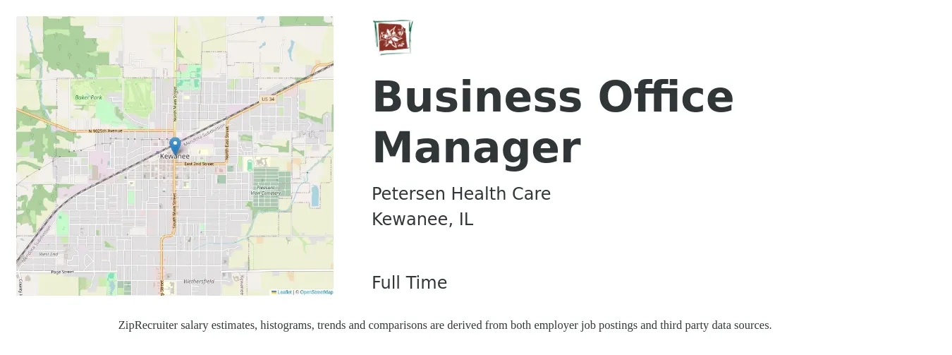 Petersen Health Care job posting for a Business Office Manager in Kewanee, IL with a salary of $22 to $30 Hourly with a map of Kewanee location.