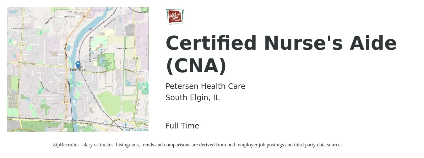 Petersen Health Care job posting for a Certified Nurse's Aide (CNA) in South Elgin, IL with a salary of $16 to $23 Hourly with a map of South Elgin location.