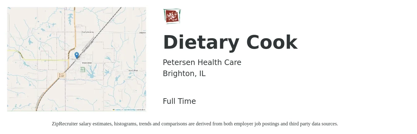 Petersen Health Care job posting for a Dietary Cook in Brighton, IL with a salary of $13 to $17 Hourly with a map of Brighton location.