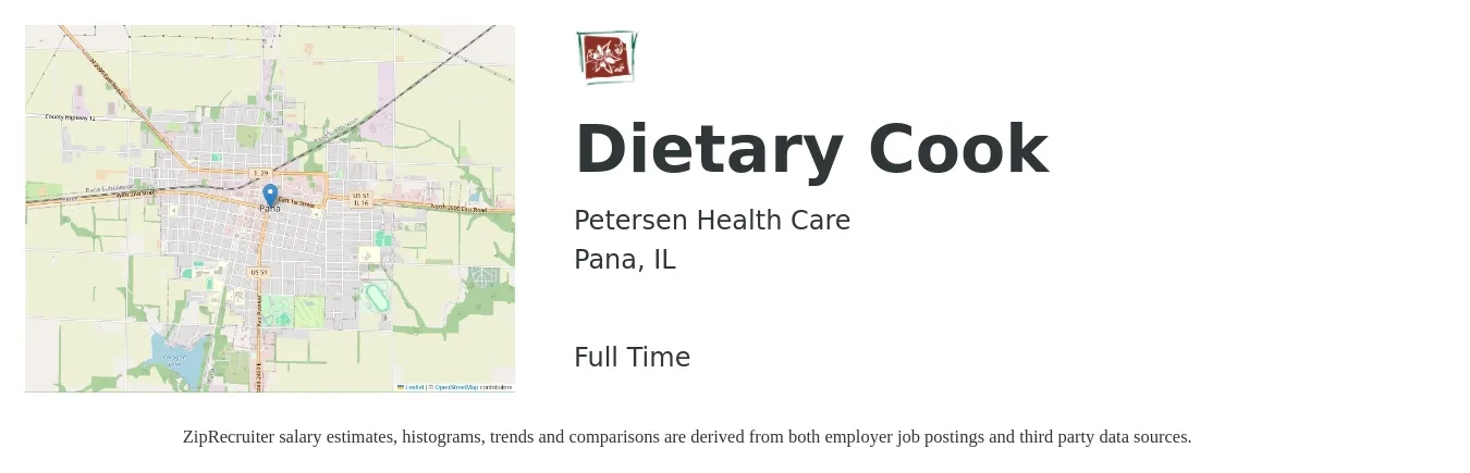 Petersen Health Care job posting for a Dietary Cook in Pana, IL with a salary of $14 to $18 Hourly with a map of Pana location.