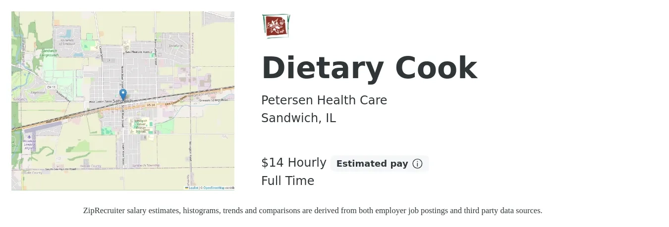 Petersen Health Care job posting for a Dietary Cook in Sandwich, IL with a salary of $14 to $18 Hourly with a map of Sandwich location.