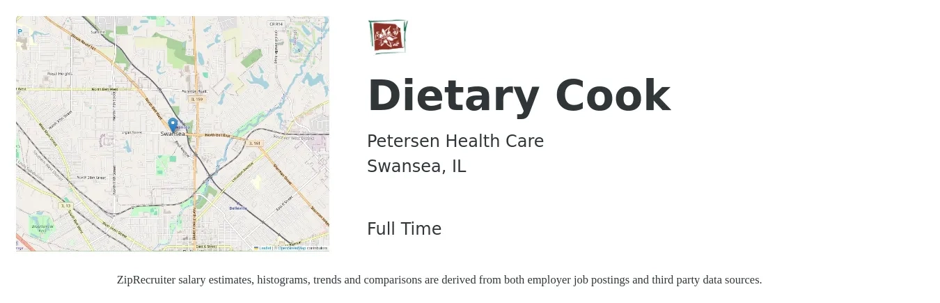 Petersen Health Care job posting for a Dietary Cook in Swansea, IL with a salary of $14 to $18 Hourly with a map of Swansea location.