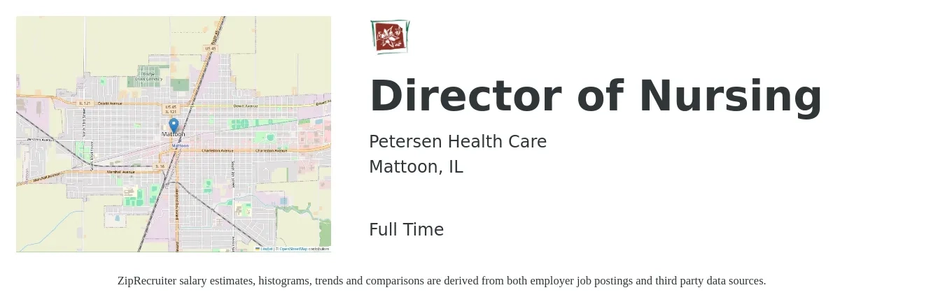 Petersen Health Care job posting for a Director of Nursing in Mattoon, IL with a salary of $78,000 to $117,900 Yearly with a map of Mattoon location.