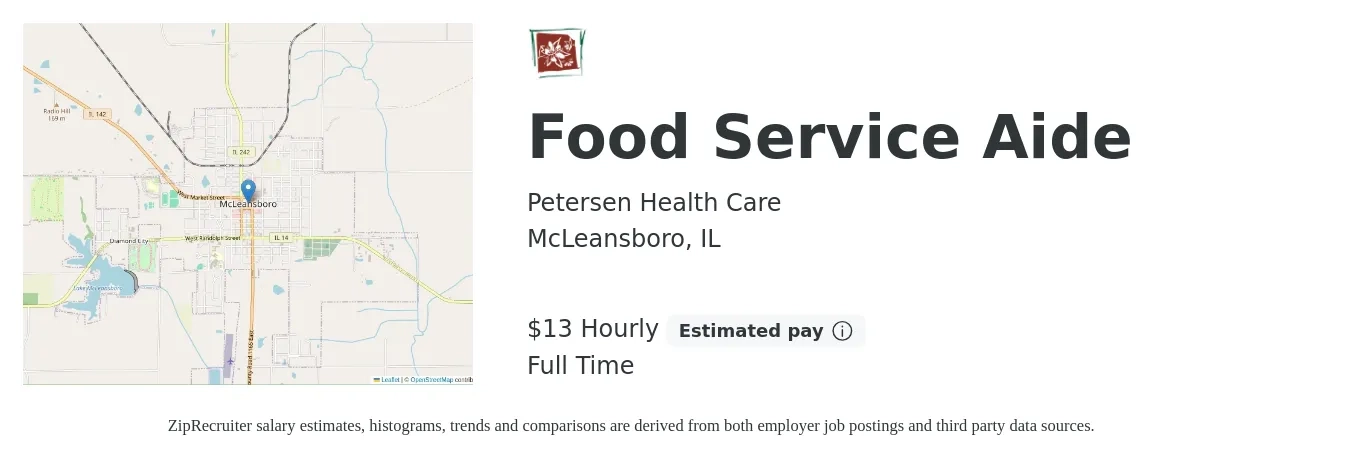 Petersen Health Care job posting for a Food Service Aide in McLeansboro, IL with a salary of $12 to $16 Hourly with a map of McLeansboro location.