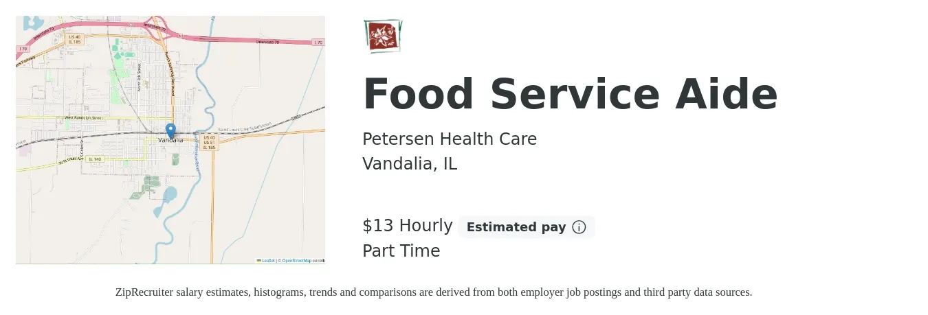 Petersen Health Care job posting for a Food Service Aide in Vandalia, IL with a salary of $14 Hourly with a map of Vandalia location.