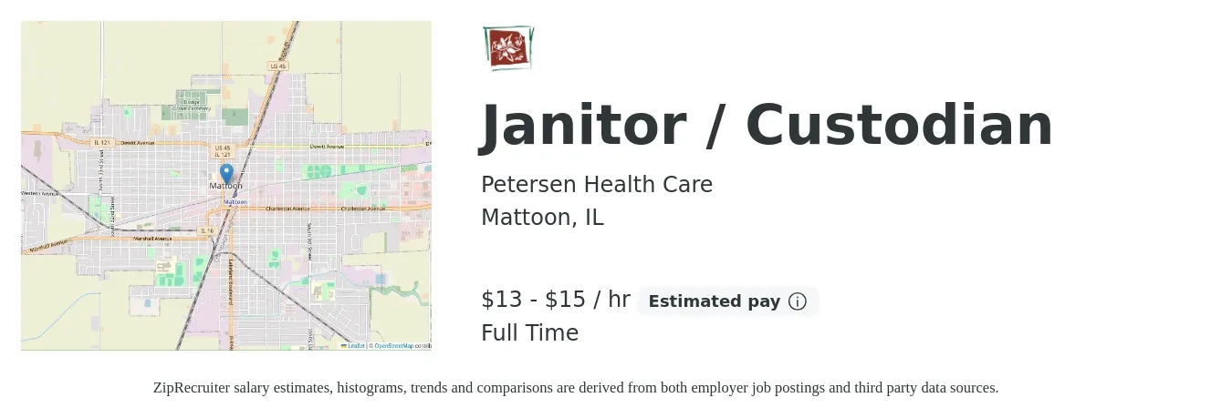 Petersen Health Care job posting for a Janitor / Custodian in Mattoon, IL with a salary of $14 to $16 Hourly with a map of Mattoon location.