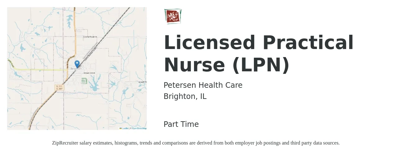 Petersen Health Care job posting for a Licensed Practical Nurse (LPN) in Brighton, IL with a salary of $24 to $32 Hourly with a map of Brighton location.