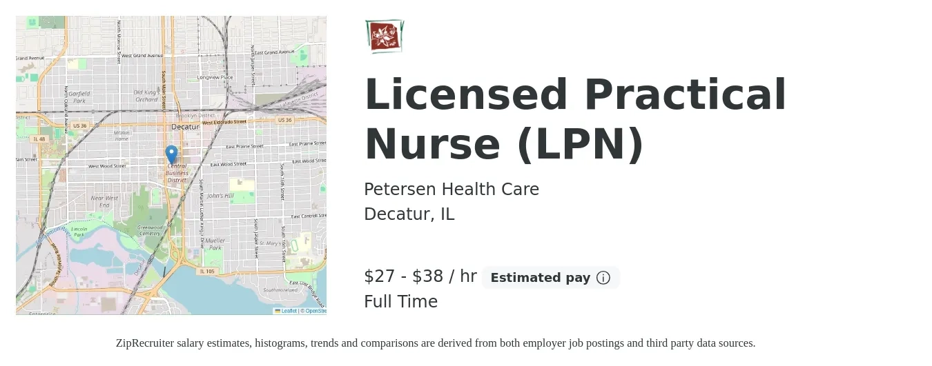 Petersen Health Care job posting for a Licensed Practical Nurse (LPN) in Decatur, IL with a salary of $29 to $40 Hourly with a map of Decatur location.