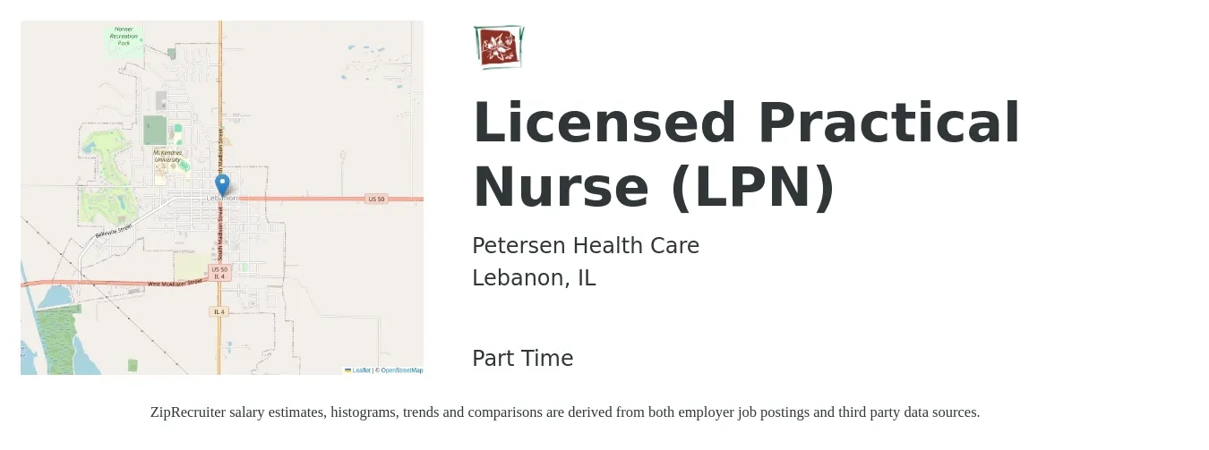 Petersen Health Care job posting for a Licensed Practical Nurse (LPN) in Lebanon, IL with a salary of $25 to $34 Hourly with a map of Lebanon location.