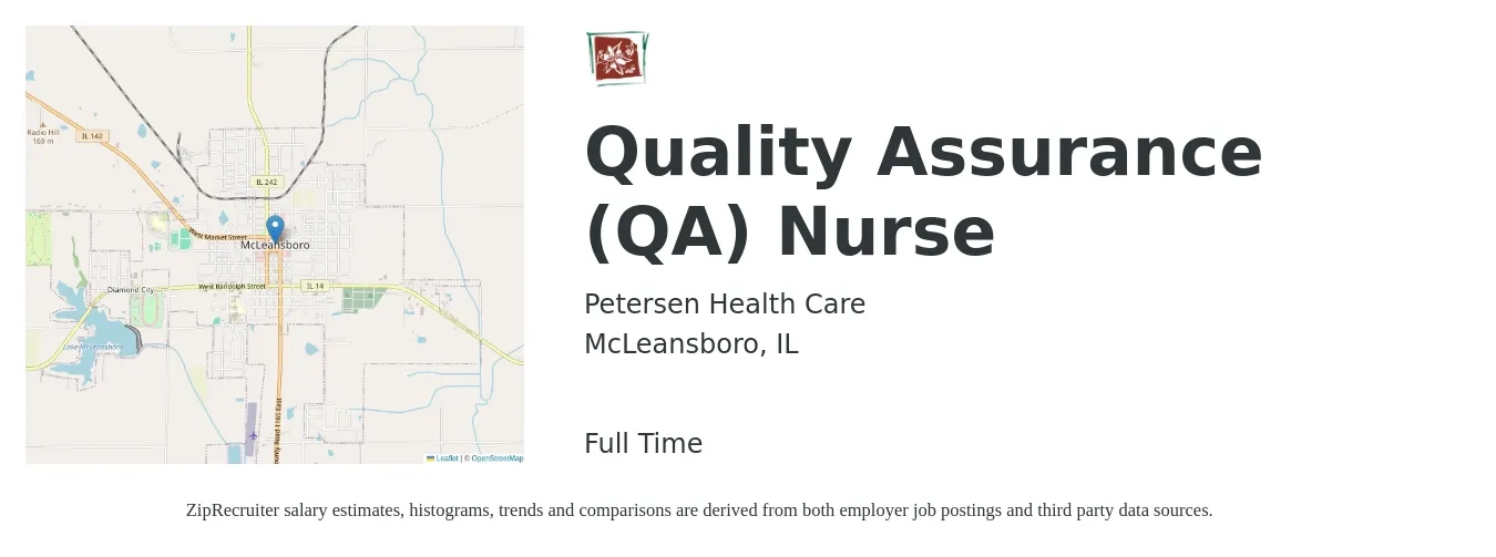 Petersen Health Care job posting for a Quality Assurance (QA) Nurse in McLeansboro, IL with a salary of $52,800 to $91,200 Yearly with a map of McLeansboro location.