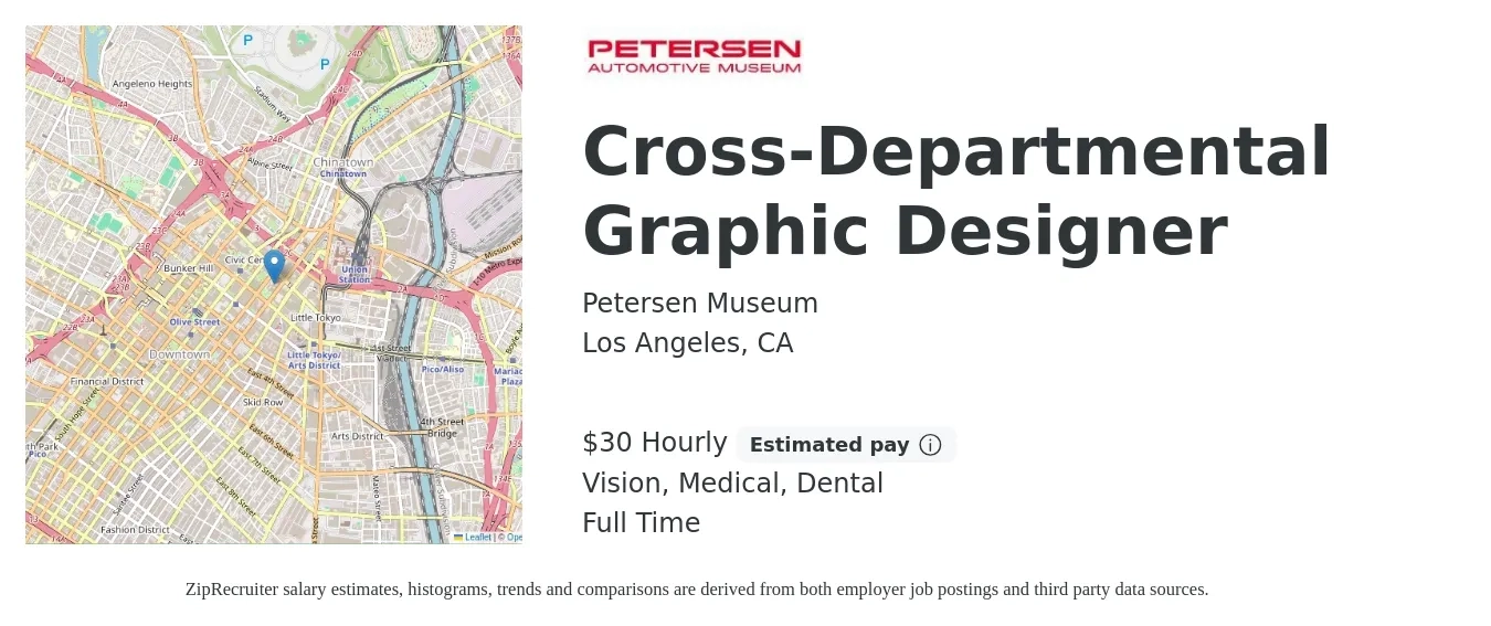 Petersen Museum job posting for a Cross-Departmental Graphic Designer in Los Angeles, CA with a salary of $32 Hourly and benefits including pto, retirement, vision, dental, life_insurance, and medical with a map of Los Angeles location.