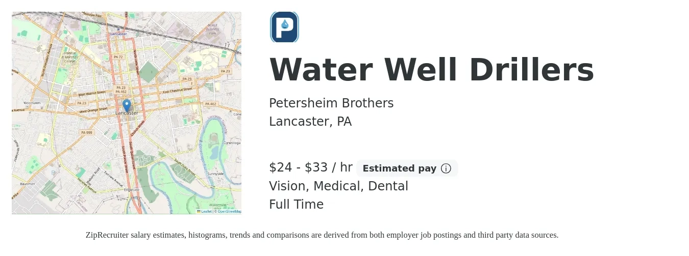 Petersheim Brothers job posting for a Water Well Drillers in Lancaster, PA with a salary of $25 to $35 Hourly and benefits including dental, medical, retirement, and vision with a map of Lancaster location.