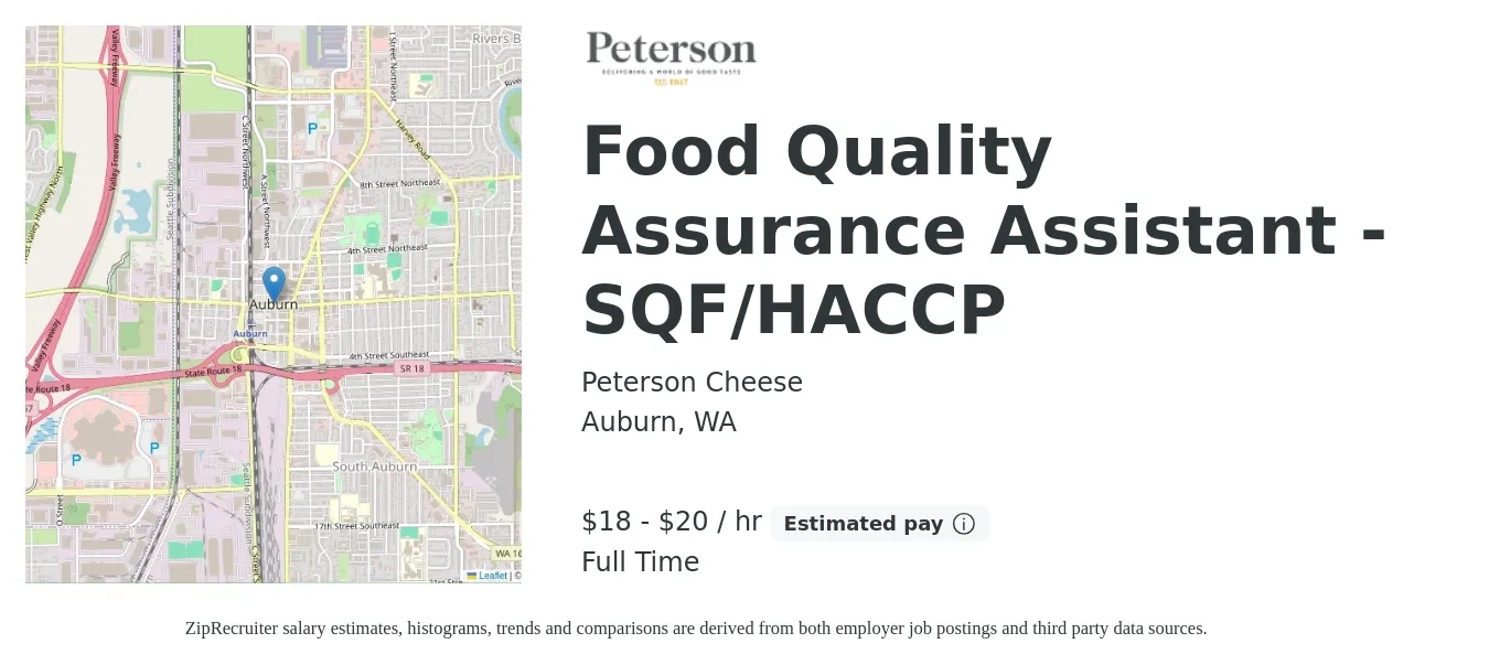 Peterson Cheese job posting for a Food Quality Assurance Assistant - SQF/HACCP in Auburn, WA with a salary of $19 to $21 Hourly with a map of Auburn location.