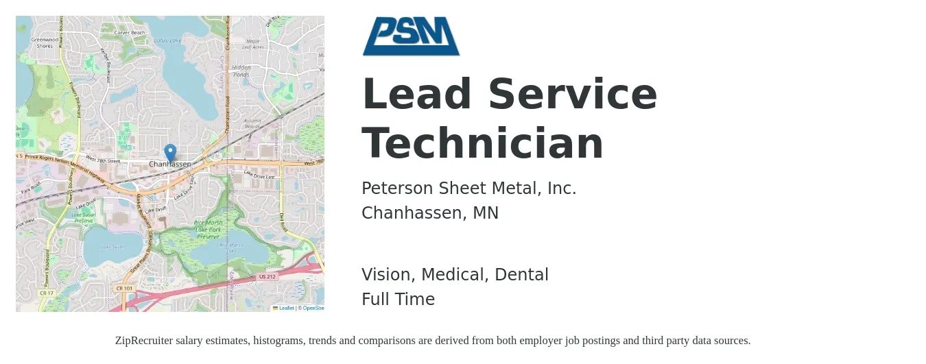 Peterson Sheet Metal, Inc. job posting for a Lead Service Technician in Chanhassen, MN with a salary of $44,800 to $58,000 Yearly and benefits including medical, retirement, vision, and dental with a map of Chanhassen location.